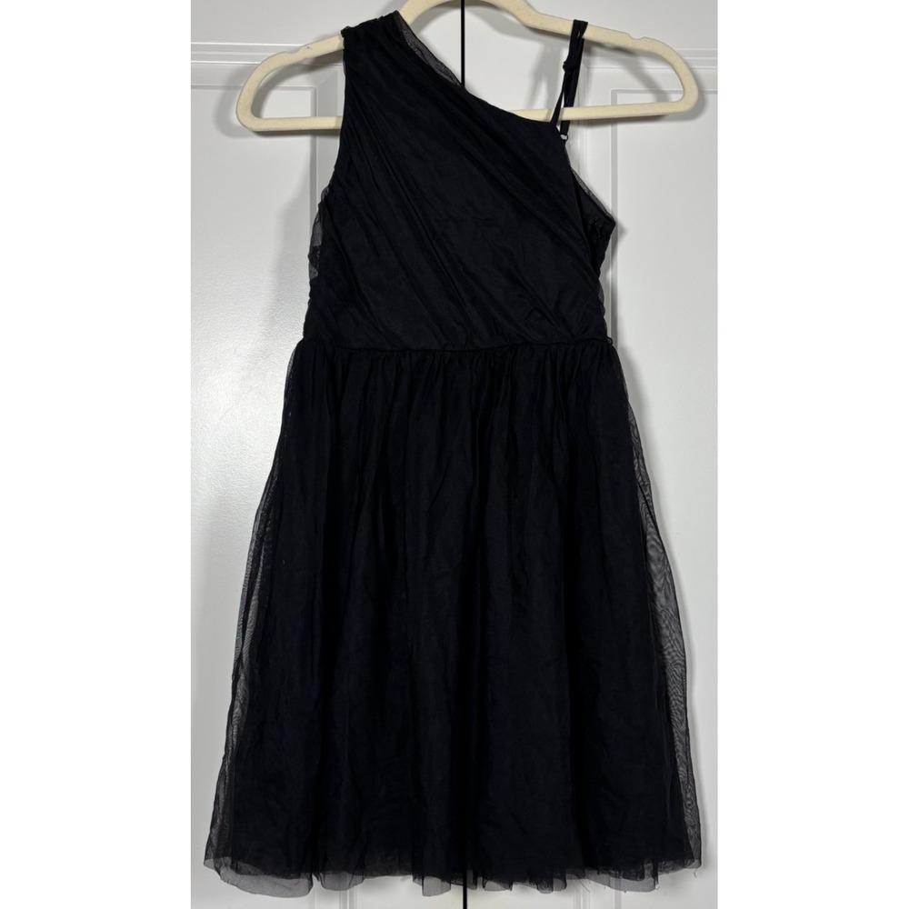 Girls Tulle Mini Dress Black One Shoulder Ruched Cocktail Party Lined 150 10-12